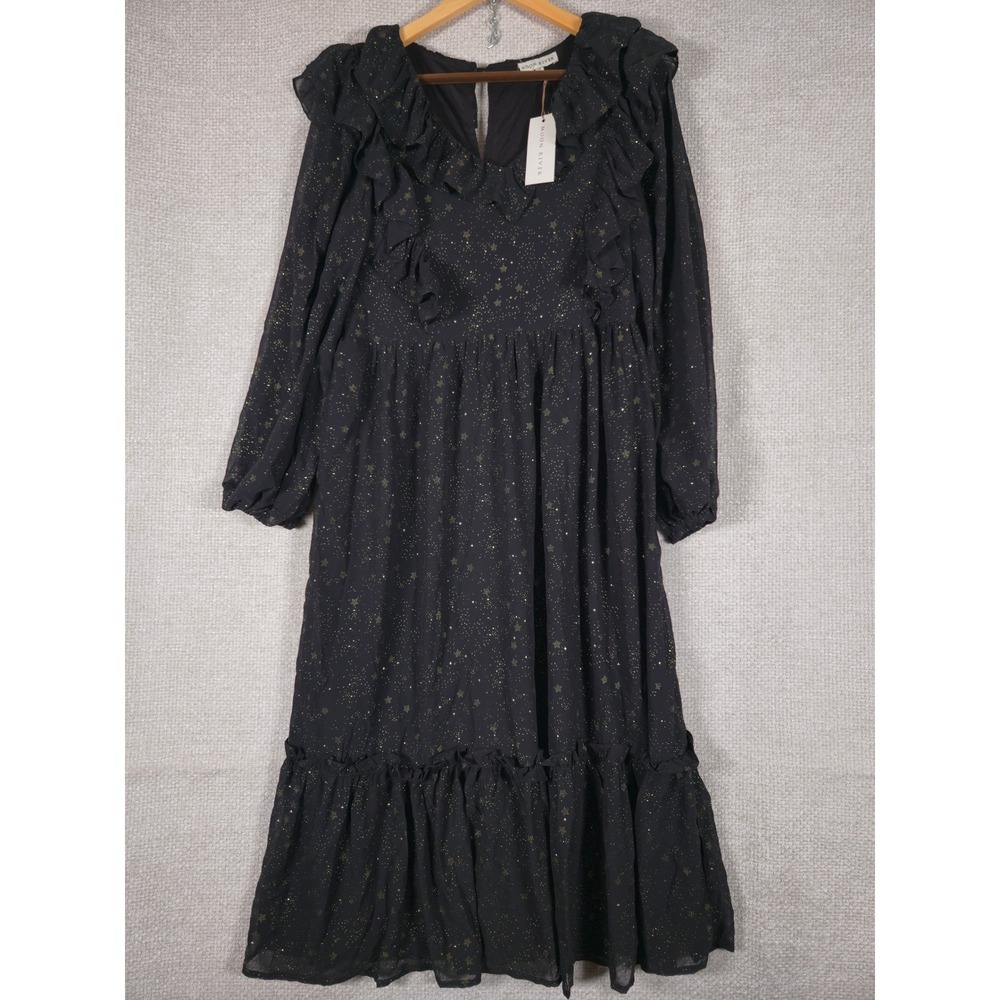 Moon River Black Gold Star Print Ruffle V Neck Witchy Midi Dress Size M